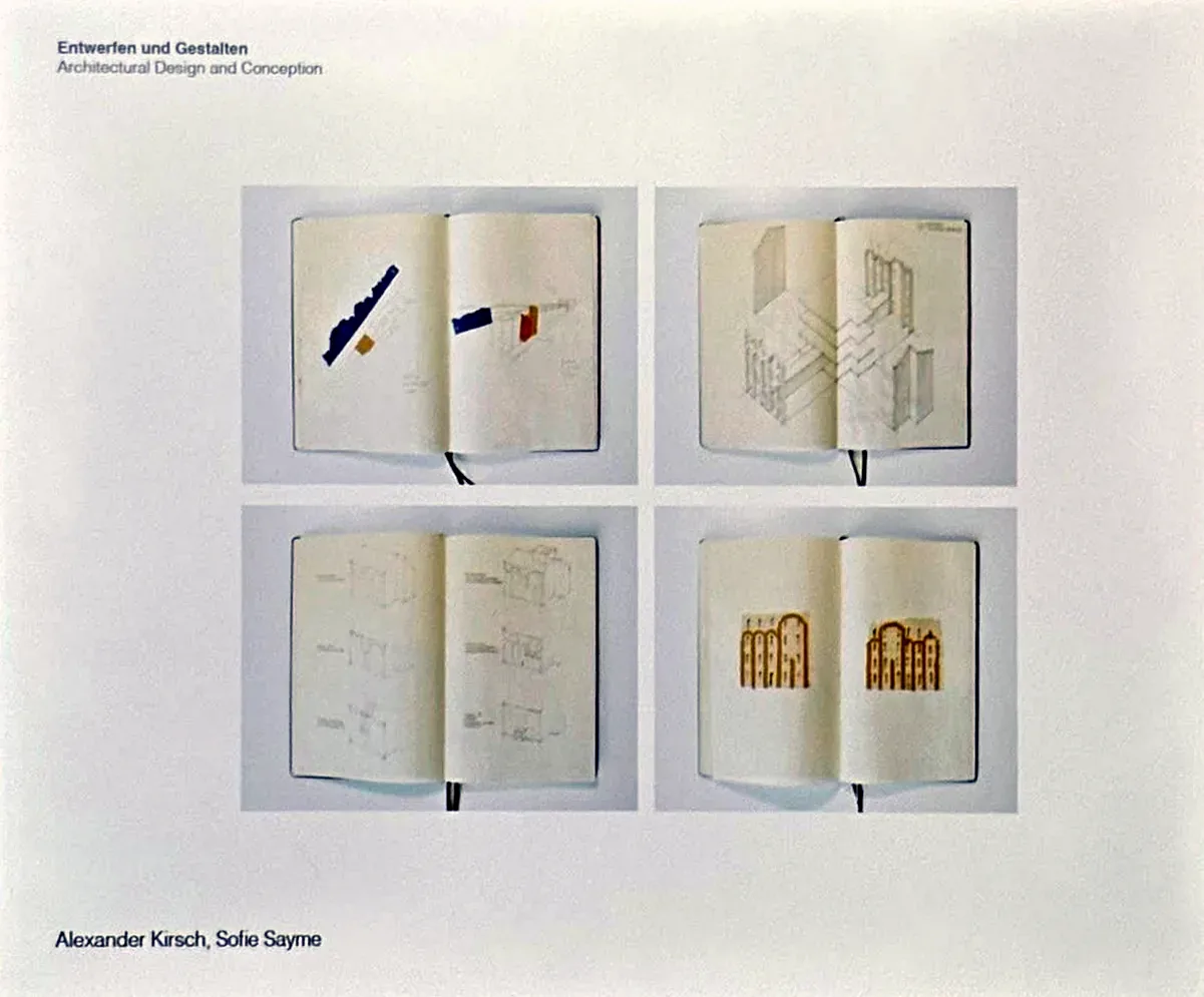 Presentation sheet showing four photographs of open sketchbook spreads with axonometric drawings, elevation studies and blocks of blue and ochre colour.
